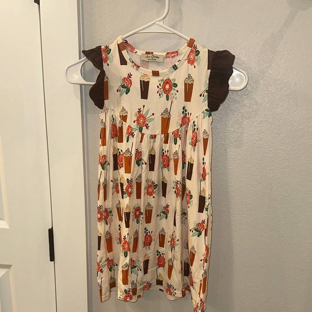 EUC Girls Ava & Grace Boutique Dress Latte Iced Coffee Floral Flower Print Dress